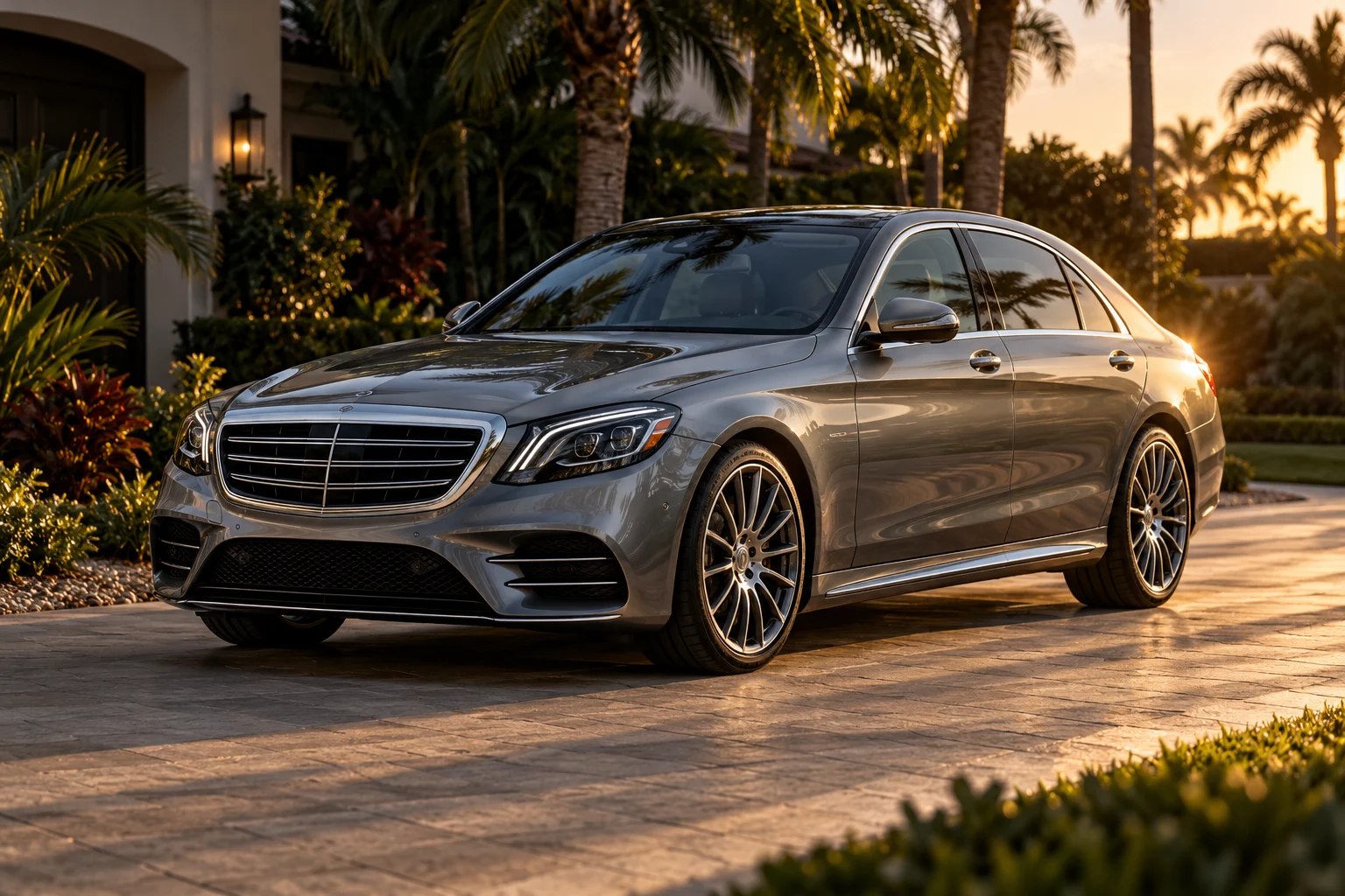 Illustration of a silver luxury sedan in a palm-lined Florida driveway
